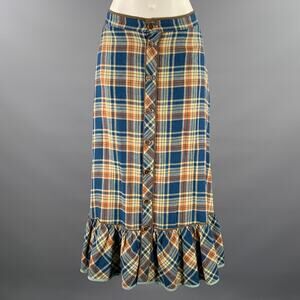 RRL by RALPH LAUREN Size 2 Blue Orange Linen Cotton Plaid Maxi Skirt